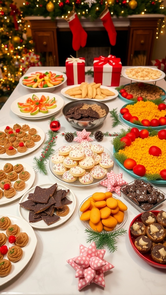 A festive Christmas party food table with appetizers, desserts, and drinks, decorated for the holiday season.